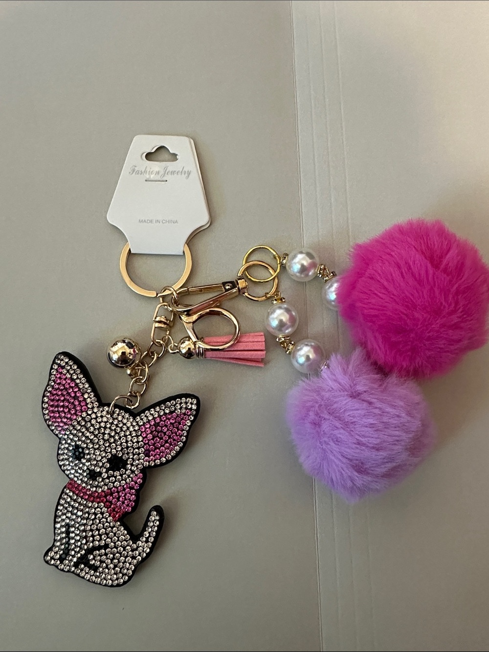 Rhinestone Chihuahua Pom-Pom Keychain - Pink & Lavender
